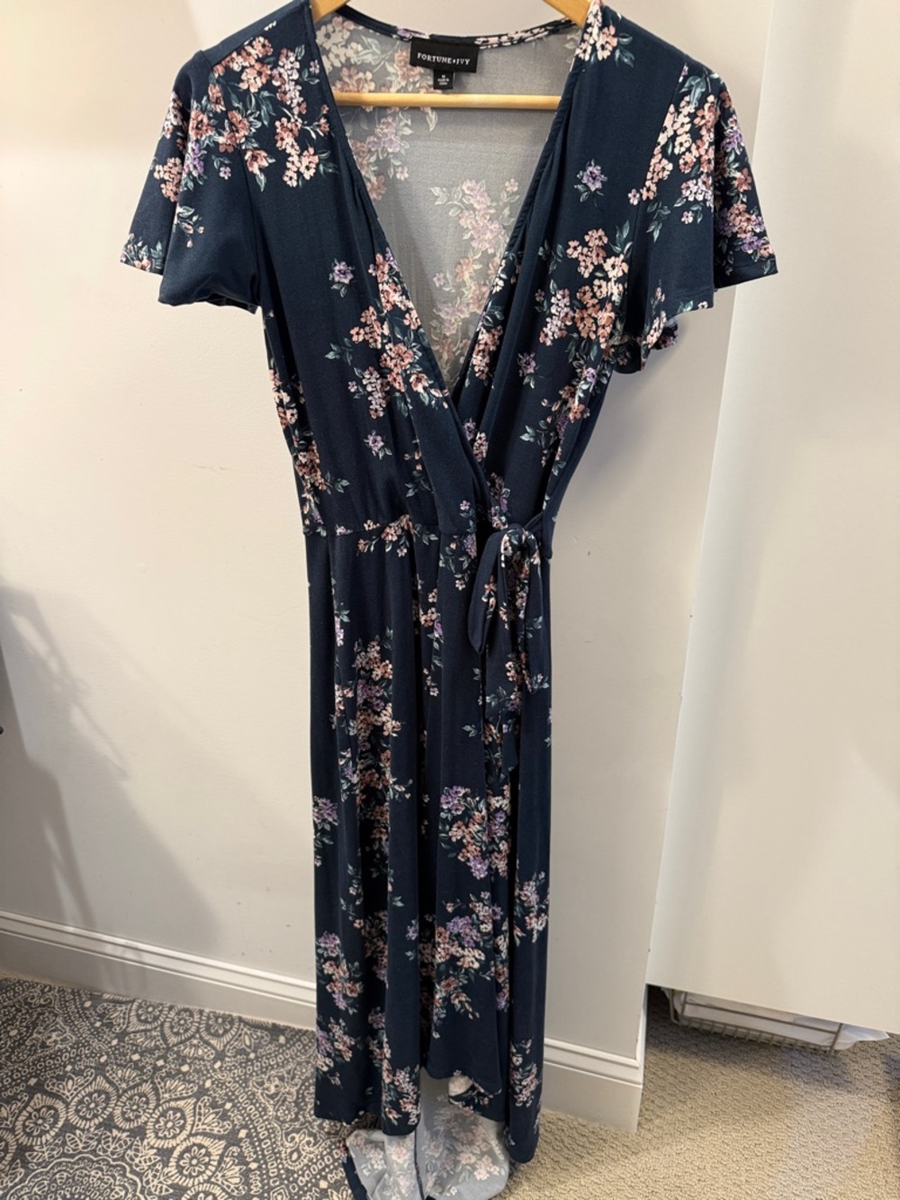 Fortune & Ivy Navy Floral Wrap Maxi Dress with Tie Waist